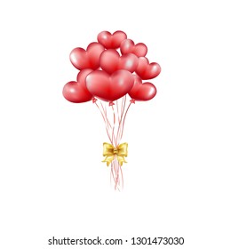 Valentines day vector illustration. Red balloons hearts in the air with gold bow isolated on the white background.