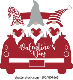 Valentine's Day Vector Illustration. Valentines Red Vintage Truck. Truck with Heart. Truck with Gnome. Buffalo Valentines truck cut file.