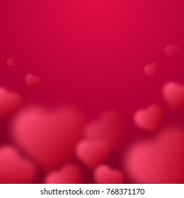 Valentines day vector illustration. Red blurred hearts isolated on red background.