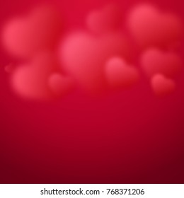 Valentines day vector illustration. Red blurred hearts isolated on red background.