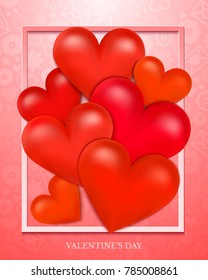 Valentines Day vector illustration with red ballon hearts on romantic background, holiday greeting card