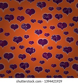 Valentine':s day. Vector illustration. Seamless love pattern. Love repeated backdrop for girl, textile, clothes. Sketch heart elements on white, purple and orange colors. Wrapping paper.