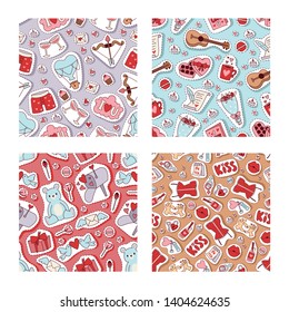 Valentines day vector illustration. Seamless pattern with hearts, bear toys, flowers, birds, arrows, romantic letters, sweets for fabric glasses with wine textile wrapping paper wallpaper.