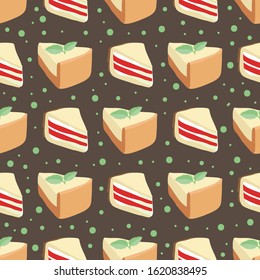 Valentines Day vector illustration. Seamless pattern with red velvet cake and cheesecake. Sign of love and romantic. Flat design element for fabric, wallpaper, wrapping paper.