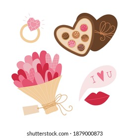 Valentine's day vector illustration set of bouquet with pink hearts in craft wrapper, gold ring with pink heart gemstone, hot pink lips with talk cloud I LOVE YOU, open heart box with chocolate sweets
