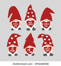 Valentine's day vector illustration set. Valentine gnome isolated on white background. Be mine, Kiss me, Love you. Cut cartoon gnomes with heart. Template for greeting card, clipart, sticker, poster