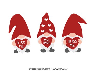 Valentine's day vector illustration set. Valentine gnome isolated on white background. Kiss me, Hugs me. Cute cartoon gnomes with heart. Template for greeting card, clipart, sticker, poster