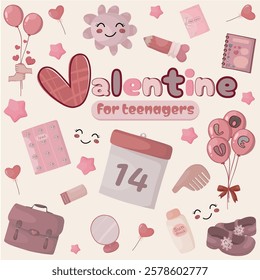 Valentine's Day vector illustration set – the day of love for teenagers, featuring balloons, a calendar, hearts, a pencil, and more in soft pastel colors.