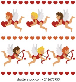Valentine's day vector illustration with three cupids with hearts and three cupids with bow