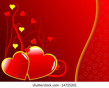 Eine Valentinstag-Vektorgrafik mit zwei großen roten Herzen und kleineren Herzen auf einer verdrehten Rebsorte.
