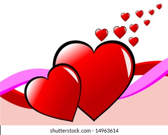 A valentines day vector illustration with two large hearts and smaller floating hearts against a pink and white background separated by ribbons