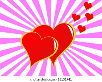 A valentines day vector illustration with two red hearts on a pink and white background with smaller hearts floating into the distance