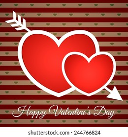 Valentines day vector illustration two red heart paper on striped background