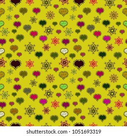 Valentines Day. Vector illustration. Typography lettering poster. Pattern for wrapping, cover. Elements on yellow, green and black colors. Seamless Hearts pattern.