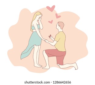 Valentines day vector illustration with young couple in love. Boyfriend and girlfriend smile and kiss. Cute lovers are on heart shape background.