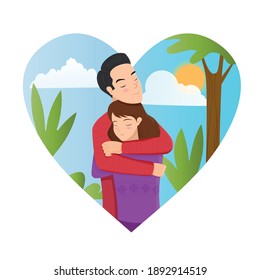 Valentines day vector illustration with young couple in love. Boyfriend and girlfriend smile and hug on nature background.