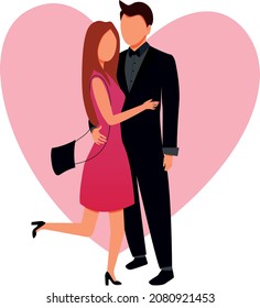 Valentine's day vector illustration with a young couple in love. The guy and the girl are hugging. Cute lovers with heart shaped background.