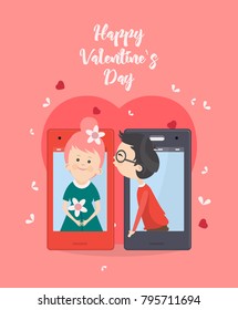 Valentines day vector illustration with young couple in love. Boyfriend and girlfriend smile and kiss. Cute lovers are on heart shape background.