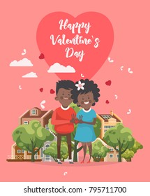 Valentines day vector illustration with young African American couple in love. Boyfriend and girlfriend smile and kiss. Cute lovers are on heart shape background.