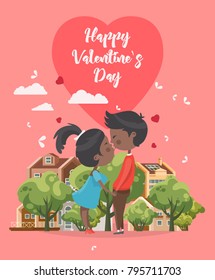 Valentines day vector illustration with young African American couple in love. Boyfriend and girlfriend smile and kiss. Cute lovers are on heart shape background.