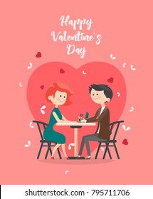 Valentines day vector illustration with young couple in love. Boyfriend and girlfriend smile and kiss. Cute lovers are on heart shape background.