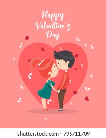 Valentines day vector illustration with young couple in love. Boyfriend and girlfriend smile and kiss. Cute lovers are on heart shape background.