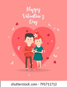Valentines day vector illustration with young couple in love. Boyfriend and girlfriend smile and kiss. Cute lovers are on heart shape background.