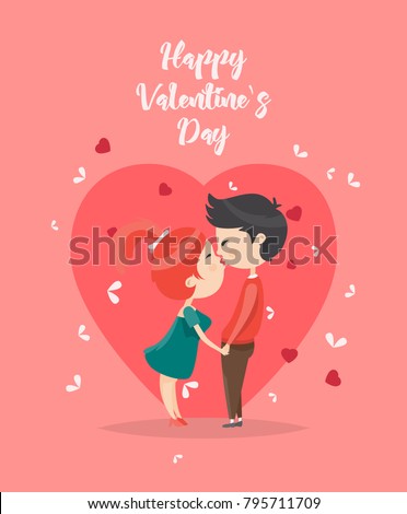 Valentines day vector illustration with young couple in love. Boyfriend and girlfriend smile and kiss. Cute lovers are on heart shape background.