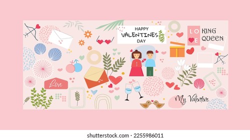 Vector del Día de San Valentín ilustra afiches lindos. Amor, pareja, corazón, valentina, pájaros, caja de regalo, amor, flores. Dibujos para postal, volantes, tarjeta de invitación, tarjeta de felicitación ,Banner Folleto