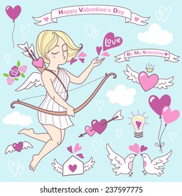 Valentines Day vector illustrations, icons set. Cupid girl, winged hearts, balloons, birds, love letter, flower, bulb. Ribbons with greetings. Cute cartoon style.