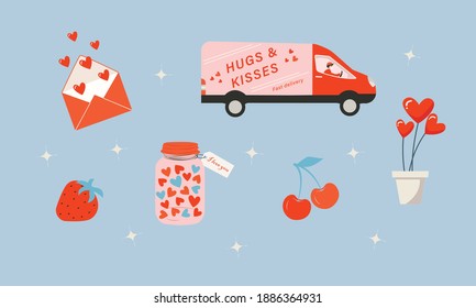 Valentine's day vector illustrations. Set of different love elements. Hand drawn hearts, fortune cookies, fruits, envelope, truck delivery. Love concept. Cute and sweet isolated flat illustrations.