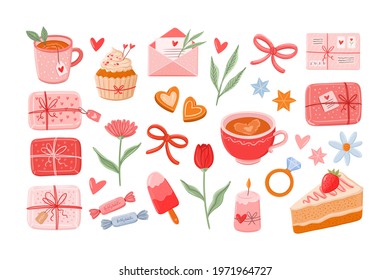 Valentines day vector illustrations set. Romantic and love clipart collection  - gifts, flowers, cookies, cupcake, slice of cake, ice cream, tea mug, coffee cup, hearts, diamond ring