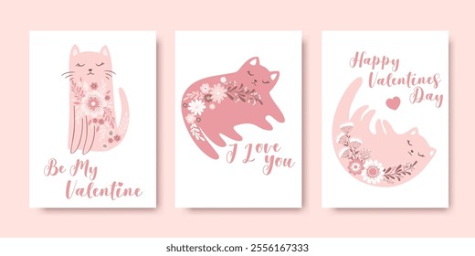 Valentines day vector illustrations set in flat style with cute cats, flowers, letterings isolated on pink background. Love and romantic concept template for Valentine's day card design