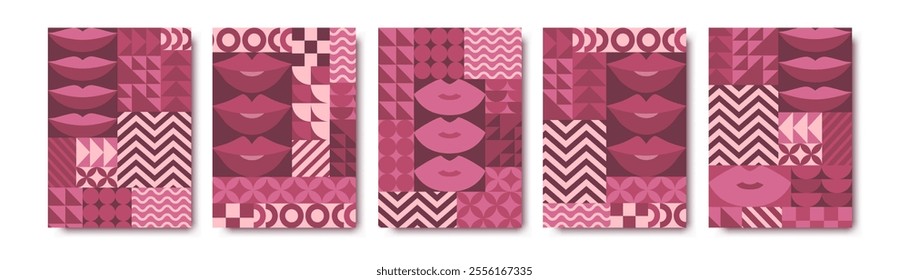 Valentines Day vector illustrations set with pink lips and bauhaus abstract geometric shapes backgrounds. Modern design pattern templates for poster print, invitation, web banner, card, flyer