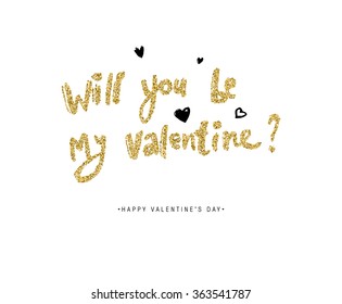 Valentine's Day Vector Lettering Label With Golden Sparkles and Glitters. Holiday Design.