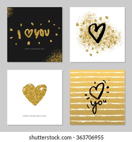 Valentine's Day Vector Lettering Label With Golden Sparkles and Glitters. Holiday Designs Set.