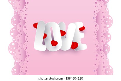Valentine's Day. Vector Letters of paper with red hearts on a pastel pink background. Clouds in the shape of lace. Banner, postcard, invitation