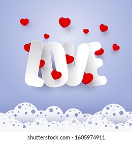 Valentine's Day. Vector Letters of paper with red hearts on a lilac background. Clouds in the shape of lace. Banner, postcard, invitation