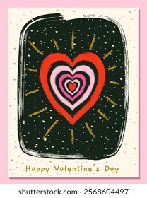 Valentine's Day vector love greeting card or poster with hand drawn doodle heart in pink and red with gold dots