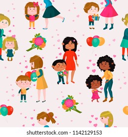Valentines day vector loving family mothers day mom and kids valentine lovely heart girl or boy with gift flowers and balloons illustration seamless pattern background