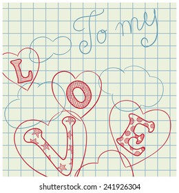 Valentines day.  Vector Notebook page with doodles of of heats 