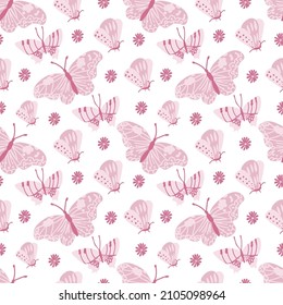Valentine's Day vector pattern with flowers and butterflies in pink on white. Festive, doodle style hand drawn favorite. Designs in wrapping paper, textiles, scrapbook paper,packaging, wallpaper.