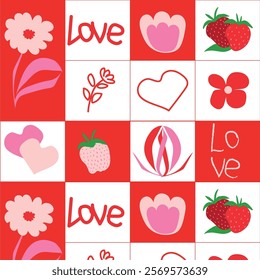 Valentine's Day vector pattern of inscriptions of hearts and flowers.