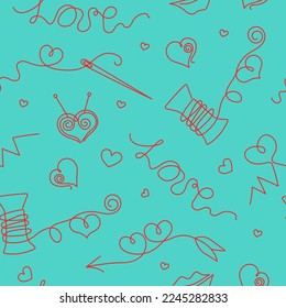  Valentine's Day. Vector pattern  seamless. Icons, Badges, Hearts, Line art drawings. Thread, needles, needlework. 