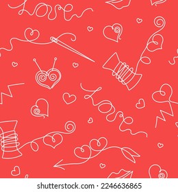  Valentinstag. Vektormuster nahtlos. Symbole, Abzeichen, Herzen, Zeichnungen von Linien. Thread, Nadeln, Nadeln. 