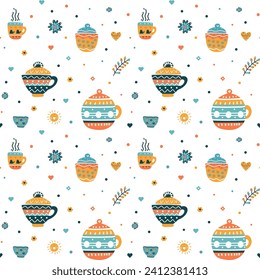 Valentine's Day vector pattern, teapots, cups, tea