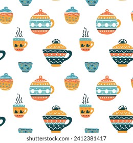 Valentine's Day vector pattern, teapots, cups, tea