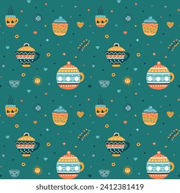 Valentine's Day vector pattern, teapots, cups, tea