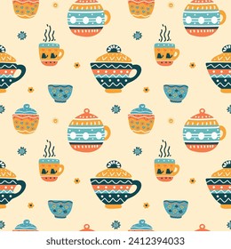 Valentine's Day vector pattern, teapots, cups, tea