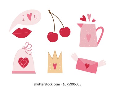 Valentine's Day Vector Pink Set Of Red Lips With Talk Cloud, Hot Pink Cherry, Gold Crown, Flying Envelope With Wings, Heart Shaped Ruby Gemstone In Glass Dome Lid With Ribbon Bow, Pastel Pink Jug.